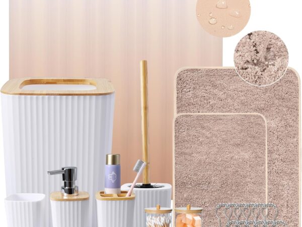 Bathroom Accessory Set–Bathroom Sets with Shower Curtain and Rugs. Non Slip Bathroom Rugs Super Absorbent. Pink Ombre Waterproof Shower Curtain with Hooks. Pink Bathroom Sets Complete for Home