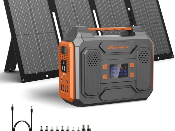Portable Solar Generator. 300W Portable Power Station with Foldable 60W Solar Panel. 110V Pure Sine Wave 280Wh Lithium Battery Pack with USB DC AC Outlet for Home Use RV Van Outdoor Camping-Orange